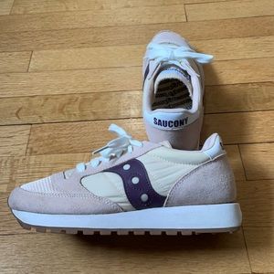 Women’s Saucony sneakers, light pink, cream, plum stripe detail.  Size 7.